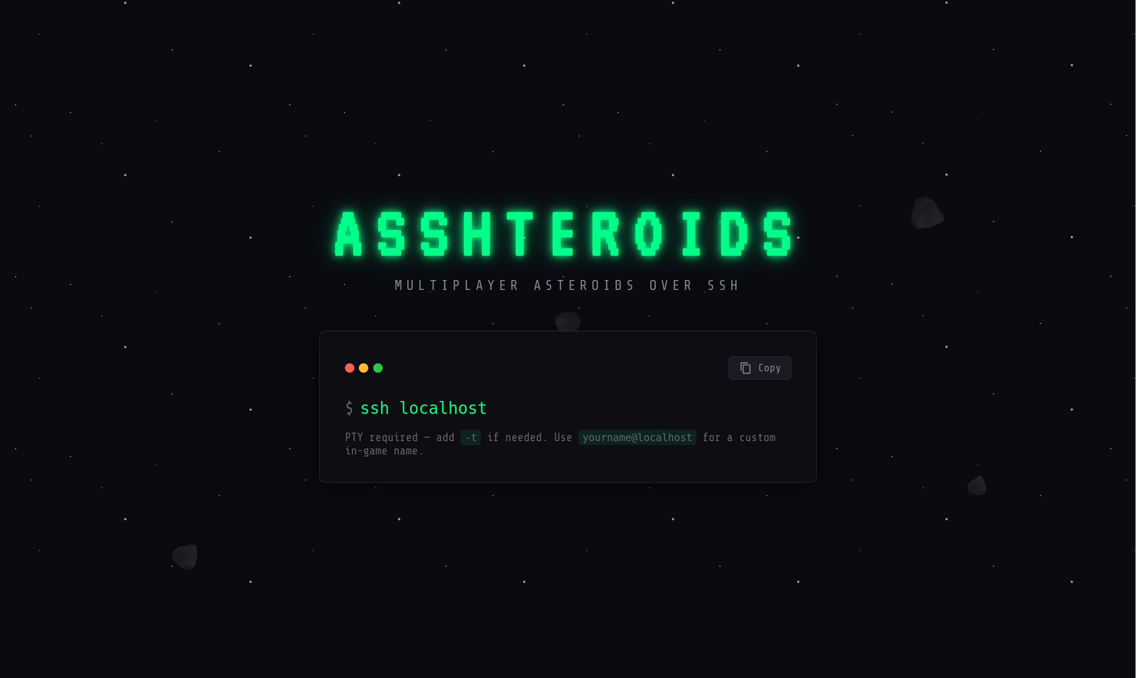 Screenshot of Asshteroids multiplayer Asteroids landing page